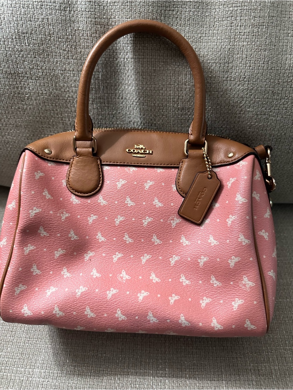 Coach Pink Satchel with Brown Trim and Butterfly Print